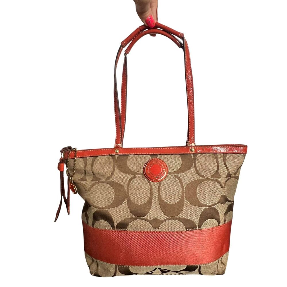 Coach Tote Bag Womens Medium Brown Signature Avary Canvas Orange Patent Trim - Picture 1 of 15